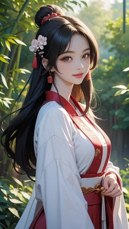 ( High resolution、 Super detailed)、masterpiece、Highest quality、High resolution、8k、Detailed Anime、Buildings from the Tang Dynasty、Tang Dynasty China、Tang Dynasty China、Young and beautiful woman、Beautiful Face、Beautiful Face、Pretty lips、Hanfu、(whole body)、Hair styled in a bright-colored round bun、Smiling eyes、Walking、Cowboy Shot、background、Buildings from the Tang Dynasty、Chang'an during the Tang Dynasty in China、Plum blossom、bamboo forest、Detailed CG、