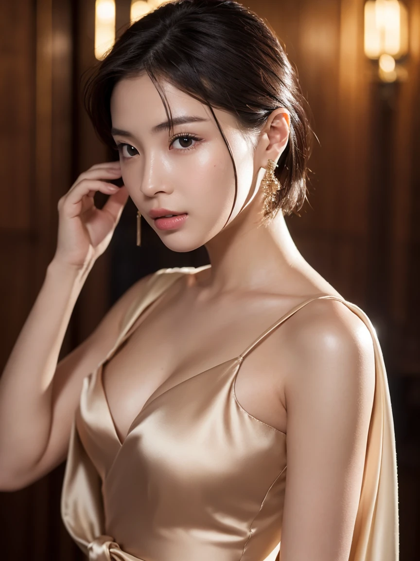 masterpiece:1.2, Very detailed, Ultra-high resolution, Realistic, photo Realistic:1.6, High-resolution RAW color photos, Professional photos, Sharp focus:1.2, Very detailed顔と肌の質感, Very beautiful eyes, Glossのある肌, Glowing Skin, Glowing Skin, Shining Face, Gloss, Oily skin, greasy face, Oily skin, greasy face,, real Glossのある肌 texture, Perfect Anatomy, Very detailed背景,(Ultra luxury resort),1 female,25-year-old woman, Japanese women,height: 168cm,short hair, Straight hair, bangs, Brown Hair,((Flat Chest:1.6)),Slender legs, (A super luxurious silk dress that is sexy, gorgeous, and elegant:1.6),(Disheveled clothes:1.5,exposed body:1.6),Luxury earrings、Luxury Necklace