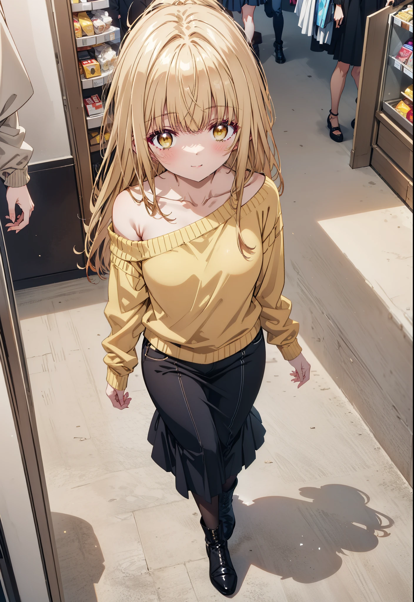 mahirushiina, mahiru shiina, Long Hair, bangs, Blonde, Brown Hair, (Yellow Eyes:1.3), smile,One-shoulder sweater,Long skirt,Black pantyhose,short boots,Walking,whole bodyがイラストに入るように,
break indoors, Shopping mall,
break looking at viewer, whole body,
break (masterpiece:1.2), Highest quality, High resolution, unity 8k wallpaper, (figure:0.8), (Beautiful attention to detail:1.6), Highly detailed face, Perfect lighting, Highly detailed CG, (Perfect hands, Perfect Anatomy),