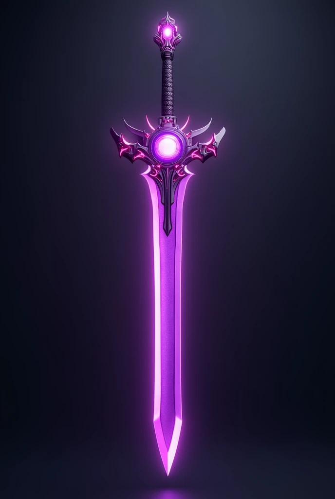 A heroic fantasy sword inspired by the "Kamen Rider" series, designed to be used by a hero. The sword has a sleek, powerful look with a blade made of a soft, translucent purple material, giving it a unique, glowing appearance. The blade is slightly curved and dynamic, emphasizing its readiness for battle. The grip is ergonomic and sleek, with black as the base color, accented with red and purple highlights, designed for comfort and control. In the middle of the sword, there's a glowing, gem-like "Golbo" device embedded, which illuminates the sword with vibrant energy when activated. The overall design is bold, sleek, and iconic, with the translucent purple blade adding a distinct and heroic feel.
