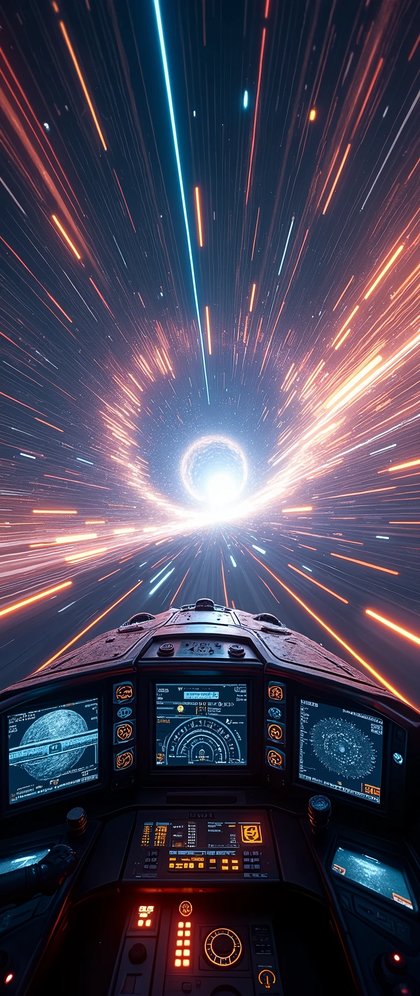 (masterpiece:1.2,Highest quality,Super detailed,Realistic,Ultra-high Resolution Camera),8k,wallpaper,The view from the cockpit of a spaceship traveling at warp speed,(Expressing ultra-high speed with beautiful lines of light:2.0),(wormhole),universe space,Magnificent landscape painting,(Drawing of the spaceship cockpit:2.0),dynamic