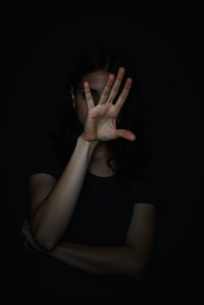 Prompt:
A blurry, out-of-focus portrait of a teenager girl with his hand covering his face, standing against a dark background. The focus is on the hand and the blurred outline of the face. There is a sense of mystery and introspection.