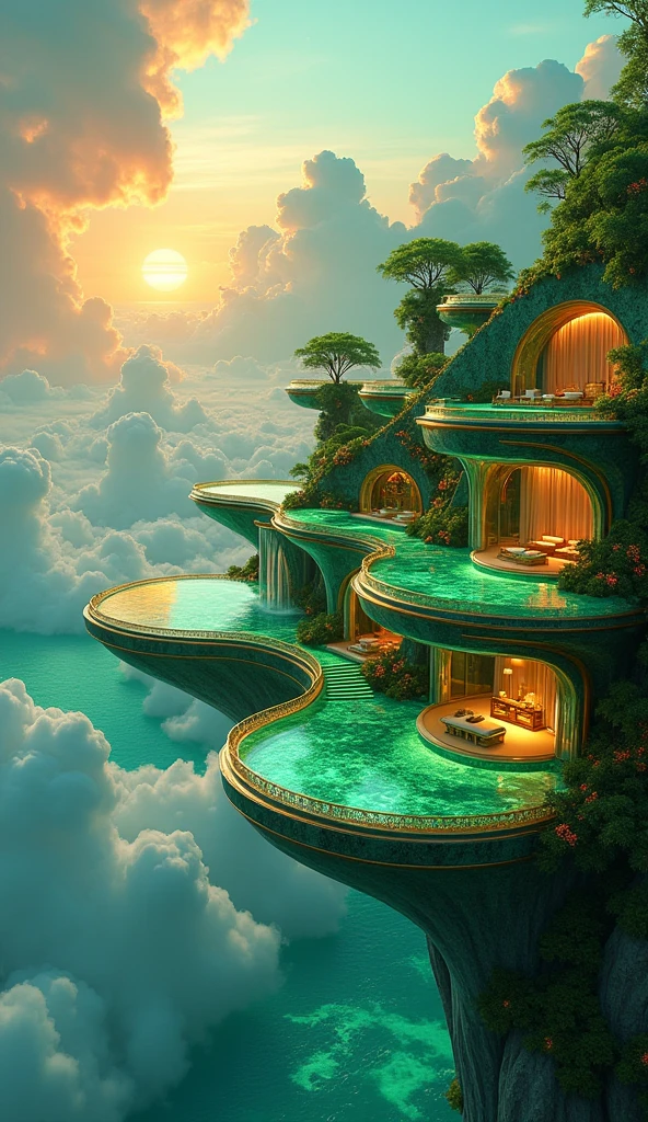 "Design an image of a majestic floating luxury penthouse nestled among radiant emerald green clouds, high above a shimmering emerald sea. The penthouse is crafted from translucent emerald glass and platinum, with sweeping, curved architecture that blends seamlessly into the clouds. The terraces are adorned with lush emerald green foliage, cascading waterfalls that flow into infinity pools made of emerald crystal, and elegant gold accents throughout. The interior glows softly, with furnishings made of emerald green velvet and marble, highlighted by golden inlays. Above, a massive emerald crystal dome serves as the ceiling, reflecting the hues of the sunset that paint the emerald clouds in shades of green and gold. In the distance, more floating penthouses are connected by winding, golden pathways, each one more extravagant than the last, set against a backdrop of a glowing emerald and gold sky, creating a scene of surreal, luxurious beauty."