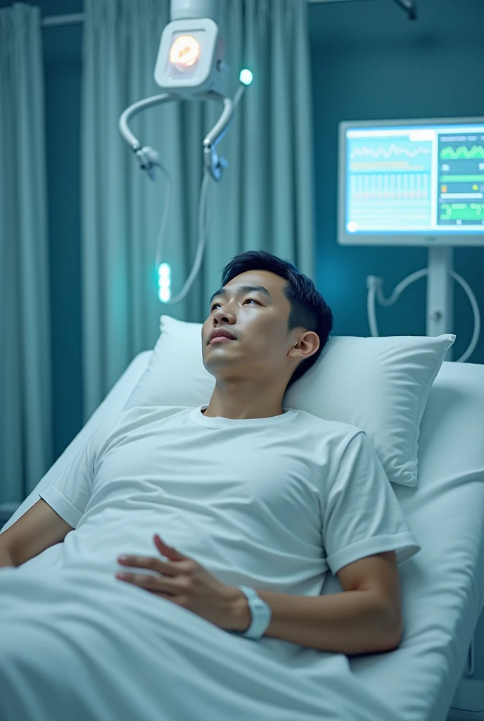 In a hospital setting,An Asian patient lay flat on the bed.,Wearable sensors on the arm。at the same time,Above his chest,Equipped with millimeter wave radar detection system,Send electromagnetic waves to his chest。Beside him,A screen showing his vital signs。