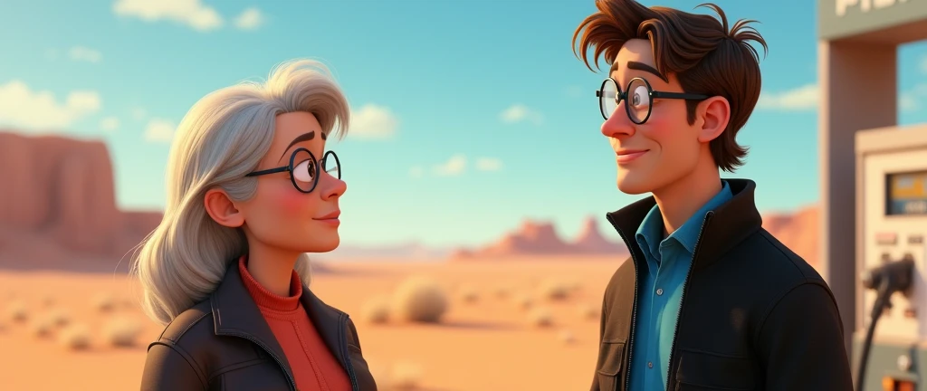 a male animated movie character in the Disney Pixar style, high qualiy, best qualityer , black fleece sweater blue shirt , Wear nerd glasses, , long hair , Happy young man , he is talking to an old lady , at a gas station in the desert, funny comedy scene ,