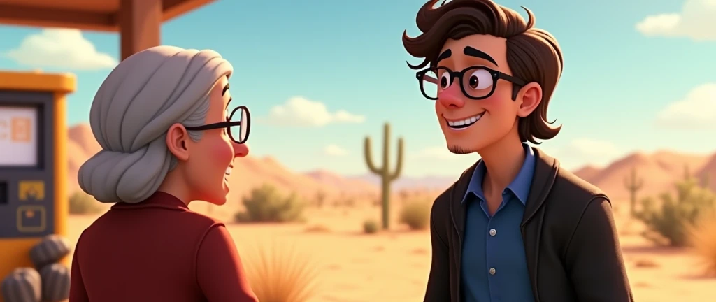 a male animated movie character in the Disney Pixar style, high qualiy, best qualityer , black fleece sweater blue shirt , Wear nerd glasses, , long hair , Happy young man , he is talking to an old lady , at a gas station in the desert, funny comedy scene ,