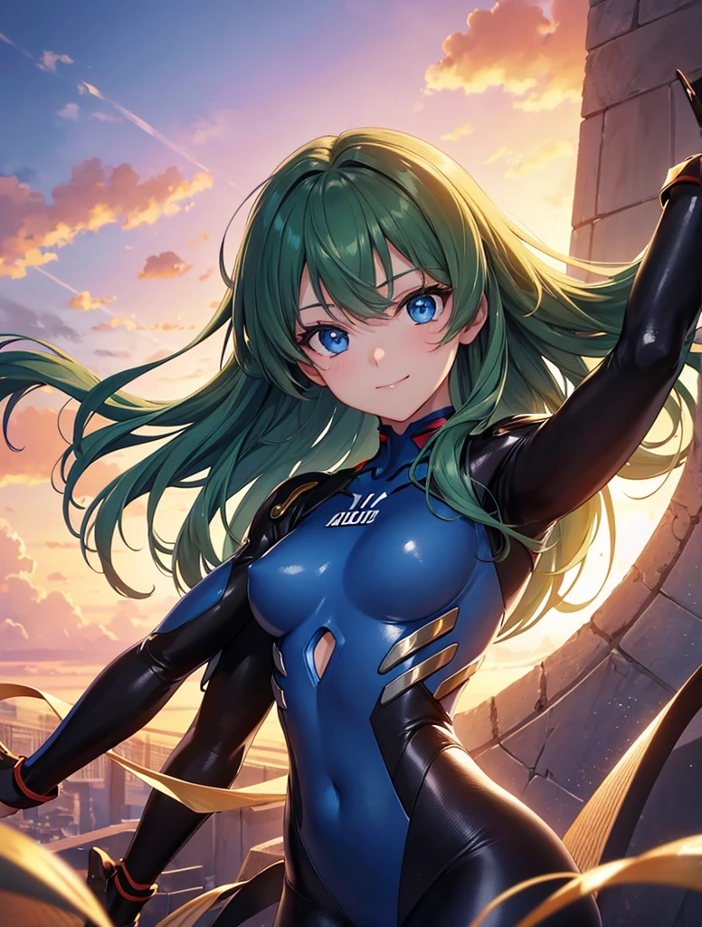 Masterpiece, Hi-Res 1. 4), 18K, Top Quality, Illustration, Extra Fine Detail, One Girl, Voluminous Dark Green Hair, Dark green straight hair, emphasis added Blue bodysuit like Rei from Evangelion, Cool, Big droopy eyes, Blue eyes, Looking straight ahead, Cute mature expression, Smiling, Hanging eyes, Small breasts, Glittering eyes, Focus on face, High image quality, Perfect dynamic composition, Golden hair clip, Close-up Beautiful fine blue eyes, Perfect composition, Close-up in profile, Fine blue eyes, Full body plug suit, Sunset lighting, High image quality, Perfect composition, Close-up, Sunset lighting, Movie light