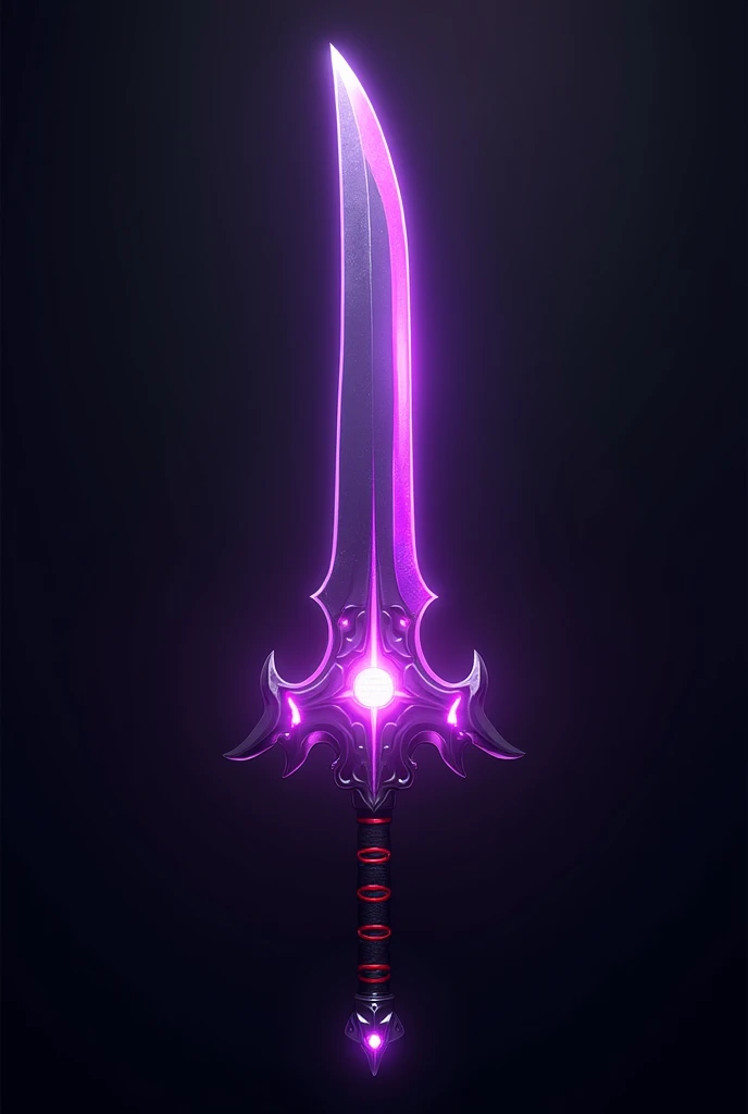  A heroic fantasy sword inspired by the "Kamen Rider" series, designed to be used by a hero. The sword has a sleek, powerful look with a blade made of a soft, translucent purple material, giving it a unique, glowing appearance. The blade is slightly curved and dynamic, emphasizing its readiness for battle. The grip is ergonomic and sleek, with black as the base color, accented with red and purple highlights, designed for comfort and control. In the middle of the sword, there's a glowing, gem-like "Golbo" device embedded, which illuminates the sword with vibrant energy when activated. The overall design is bold, sleek, and iconic, with the translucent purple blade adding a distinct and heroic feel.
