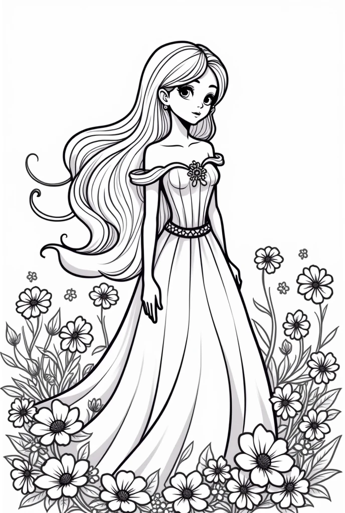 Give me a fantastic lady coloring book pages flowers background no color no grayscale no shadow high details but the design is simple and bold