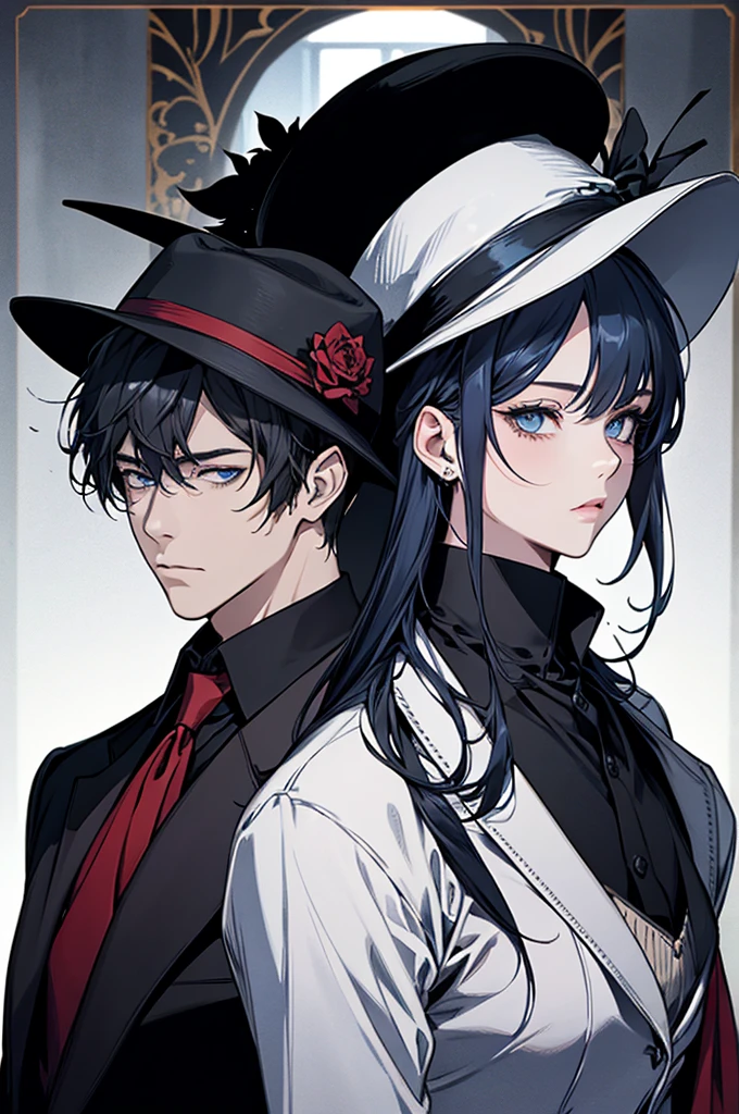**Color palette**: เลือกColor paletteที่แสดงออกถึงความหลงใหลและความลึกลับ. dark red, black people, and gray can symbolize both romance and the dangerous world of the mafia. adding gold or silver can convey luxury and wealth.,blue eyes
**picture or illustration**:
   - **pair**: มีรูปpairอยู่บนปก, with the female character (Emma)((blue eyes))I am white and a male character. (Lucas)((black hair))blue eyes ในอ้อมกอด, or a captivating pose. make sure their chemistry is visible, but maintain the deliciousness.
   - **Mafia elements**: include images related to the mafia in detail, such as the silhouette of a man wearing a straw hat, or a gun and a rose, to hint at the danger in the story.
