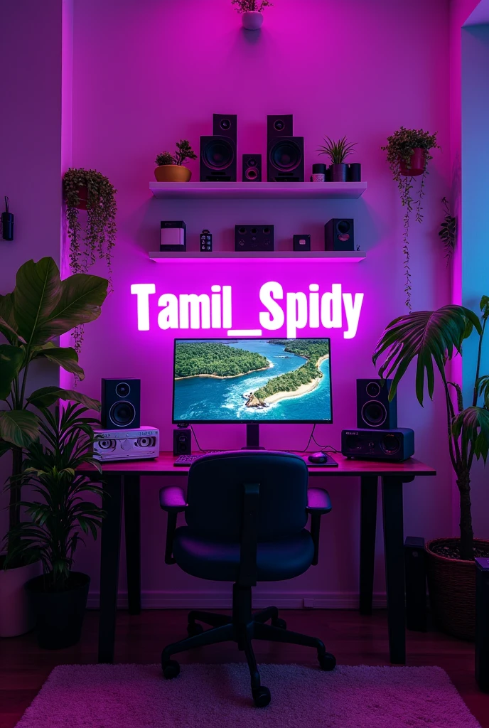 Vertical video size of image ,tamil_Spidy channel present name was most  top of center top  ,plant, monitor , purple brightness room, light,more decoration items, electronic technology related things Sounders
