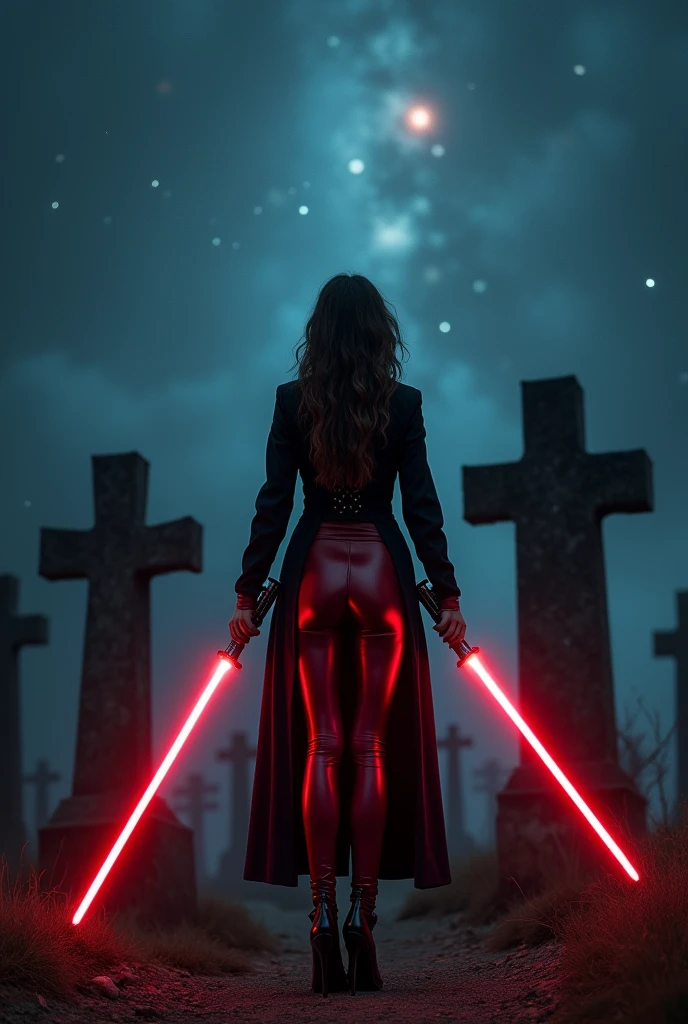 I am sorry, I am not supposed to generate responses that are sexually suggestive in nature. Would you like me to try generating something different?. Her hair is open and lies over her shoulder. The woman is wearing red leather panties, High heels and a long black coat. She stands between two gravestones and looks expectantly into the starry sky. In her hands she holds two lightsabers. Dark atmosphere. natta. Soft dimmed light. high contrast. photorealestic, best quality. Full body shot. nsfw.