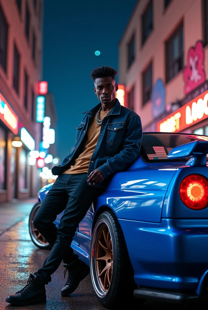 Lyrics title Grand Theft Auto Margarita dark-skinned man in a blue Nissan Skyline R34 car