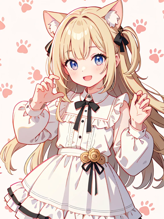 Highest quality、Ultra-high resolution、Highly detailed face、Eye highlights、A girl of about twelve, still with a touch of childishness、Long wavy blonde hair、White Dress、Holding a cat、smile、（cat paw pattern background）