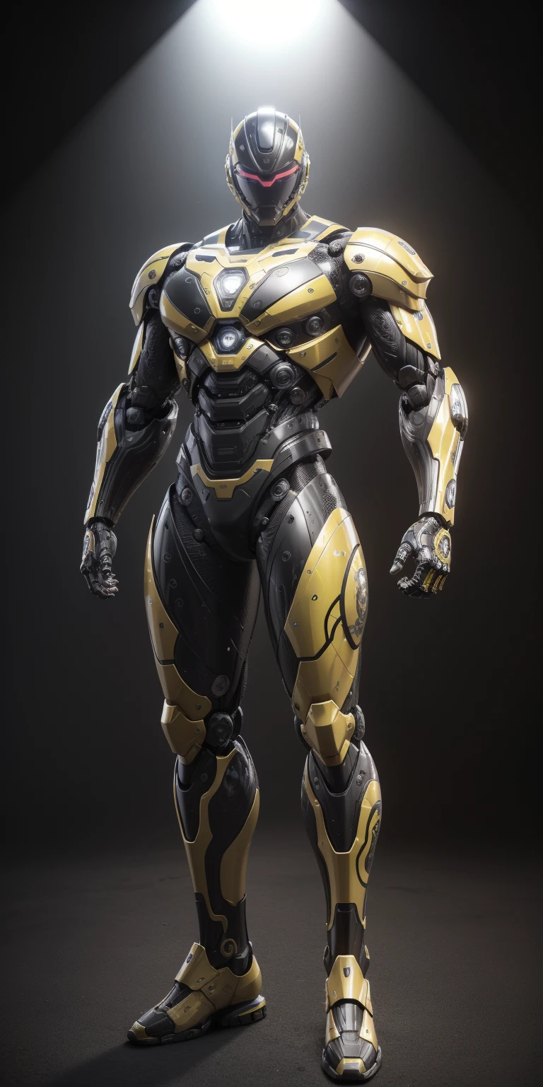 Tall giant muscular Robocop，Exquisite technological helmet visor，LED eye mask，Very long legs，Yellow and black camouflage patterned nano mecha，Honeycomb pattern，Lightweight texture，Robocop，Small grid texture，Regular symmetrical texture pattern，Standing in a bright mechanical laboratory，hero，Heroic male pose，高大Burly，muscular！Attractive leg muscles，High target, Burly, Heqiang，  Super Buff and Coolness， High Resolution Committee， Bigfoot yellow-gray ultra-thin nano-mechanical boots，Charismatic strongman，The bright sunshine shines on you，Matte particles，Shiny texture
