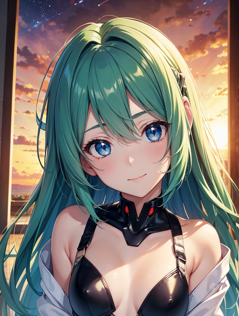 Masterpiece, Hi-Res 1. 4), 18K, Top Quality, Illustration, Extra Fine Detail, One Girl, Voluminous Dark Green Hair, Dark green straight hair, emphasis added Blue bodysuit like Rei from Evangelion, Cool, Big droopy eyes, Blue eyes, Looking straight ahead, Cute mature expression, Smiling, Hanging eyes, Small breasts, Glittering eyes, Focus on face, High image quality, Perfect dynamic composition, Golden hair clip, Close-up Beautiful fine blue eyes, Perfect composition, Close-up in profile, Fine blue eyes, Full body plug suit, Sunset lighting, High image quality, Perfect composition, Close-up, Sunset lighting, Movie light