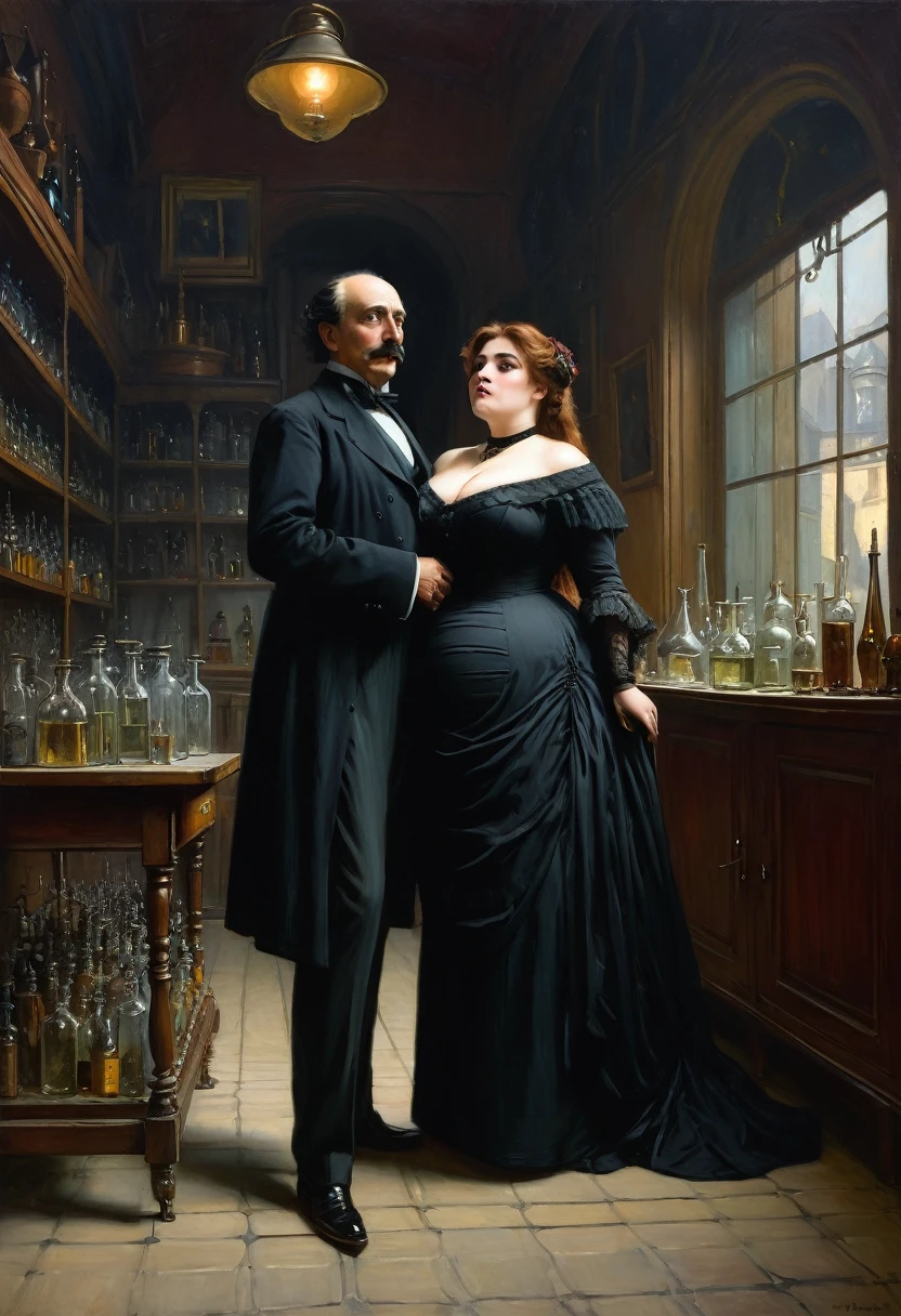 Full-length view, a tall, buxom, full-figured, pretty Victorian widow in a black dress, Fear-filled, Standing fearfully together with a sinister-looking gentleman in a dark ancient laboratory and talking to him , by Jean Béraud, inspired by Jean Béraud, inspired by Édouard Detaille, edouard leon cortes, inspired by Ivan Kramskoi, inspired by Jean-Louis-Ernest Meissonier, by Édouard Detaille, inspired by Paul Émile Chabas