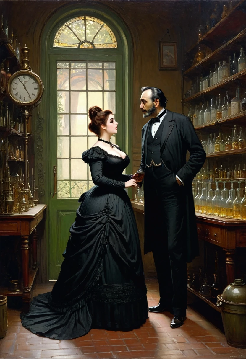 Full-length view, a tall, buxom, full-figured, pretty Victorian widow in a black dress, Fear-filled, Standing fearfully together with a sinister-looking gentleman in a dark ancient laboratory and talking to him , by Jean Béraud, inspired by Jean Béraud, inspired by Édouard Detaille, edouard leon cortes, inspired by Ivan Kramskoi, inspired by Jean-Louis-Ernest Meissonier, by Édouard Detaille, inspired by Paul Émile Chabas