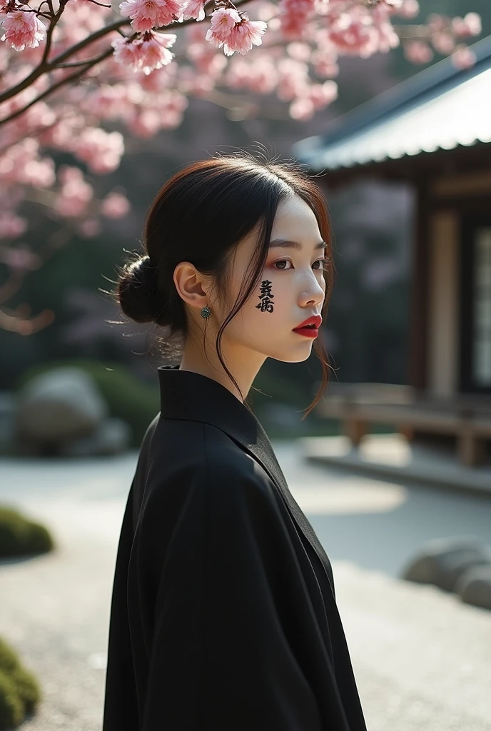 editorial photography,super detailed background,Super realistic,double exposure,depth of field,cool beauty super slender skinny vides,soft focusblack white tone,narrative scene,Zen temple garden,open Crimson lips,Wabi-Sabi,narrow eyes,Kanji tattoo on face,waist shot,looking away,
