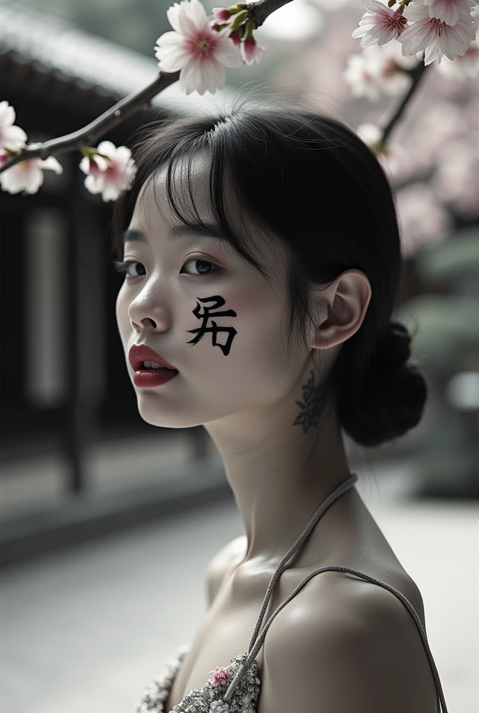 editorial photography,super detailed background,Super realistic,double exposure,depth of field,cool beauty super slender skinny vides,soft focusblack white tone,narrative scene,Zen temple garden,open Crimson lips,Wabi-Sabi,narrow eyes,Kanji tattoo on face,waist shot,looking away,