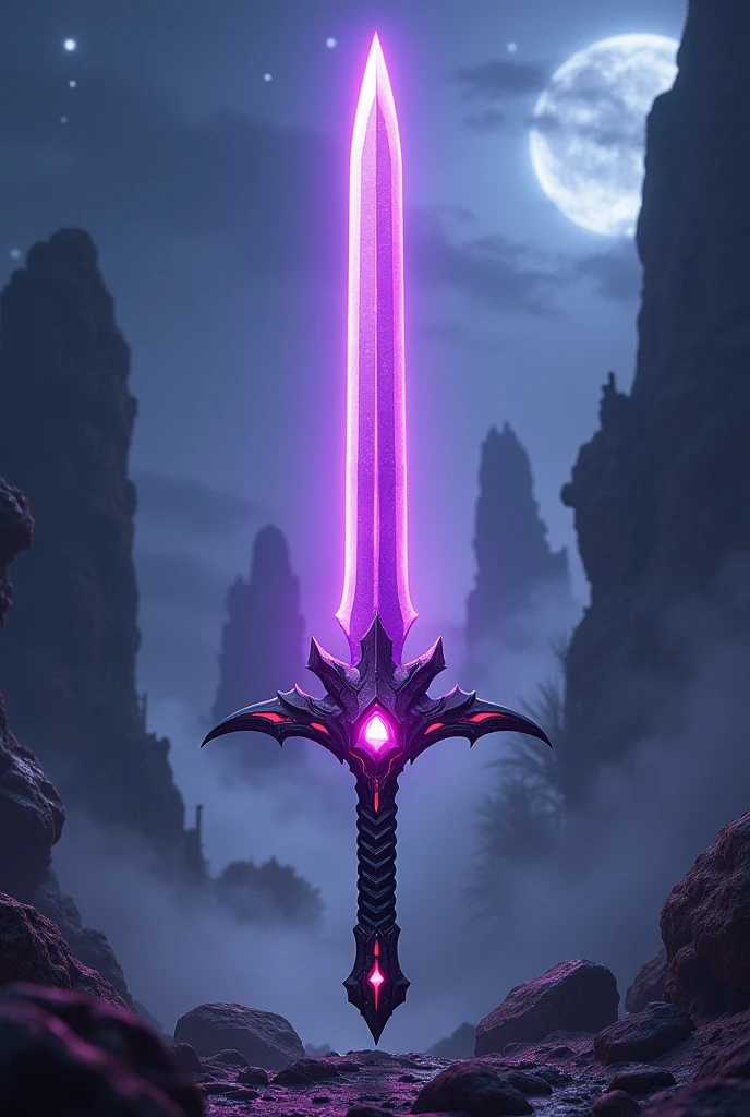  A heroic fantasy sword inspired by the "Kamen Rider" series, designed to be used by a hero. The sword has a sleek, powerful look with a blade made of a soft, translucent purple material, giving it a unique, glowing appearance. The blade is slightly curved and dynamic, emphasizing its readiness for battle. The grip is ergonomic and sleek, with black as the base color, accented with red and purple highlights, designed for comfort and control. In the middle of the sword, there's a glowing, gem-like "Golbo" device embedded, which illuminates the sword with vibrant energy when activated. The overall design is bold, sleek, and iconic, with the translucent purple blade adding a distinct and heroic feel.