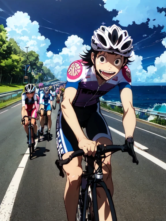 ride a bicycle, One person, alone, AKIRA_midousuji, black hair, black eyes, teeth, Cycle pro team wear, Seaside Road, Road race, Blue sky and sea, The shadows of the players, Strong winds, Wave Splash, Broad horizon, Movie Posters