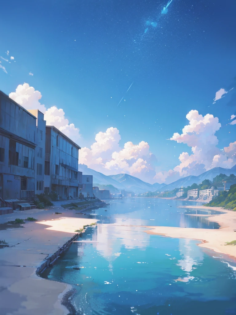 Flat hand-painted background Makoto Shinkai&#39;s blue sky with a studio and a city underneath. Drone aircraft large background generated from the perspective of the rooftop. The sky accounts for a large proportion of the scene. Looking up at the drone, there are no characters