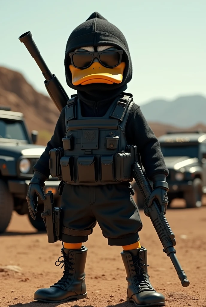 Donald Duck with his face covered by a balaclava, looking very militant in Sinaloa style, with a rifle slung over his shoulder and a Glock strapped to his waist. He's all dressed in black, hooded, and in a ranch with several armored cars, wearing a bulletproof vest and military-style glasses, getting ready for a showdown.