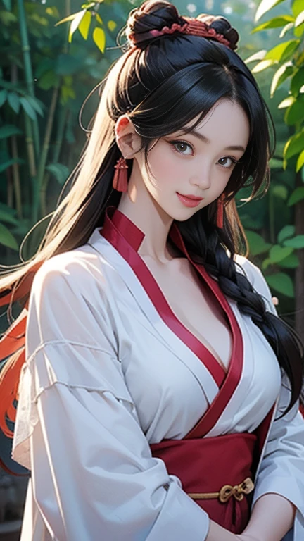 ( High resolution、 Super detailed)、masterpiece、Highest quality、High resolution、8k、Detailed Anime、Buildings from the Tang Dynasty、Tang Dynasty China、Tang Dynasty China、Young and beautiful woman、Beautiful Face、Beautiful Face、Pretty lips、Hanfu、(whole body)、Hair styled in a bright-colored round bun、Smiling eyes、Walking、Cowboy Shot、background、Buildings from the Tang Dynasty、Chang'an during the Tang Dynasty in China、Plum blossom、bamboo forest、Detailed CG、