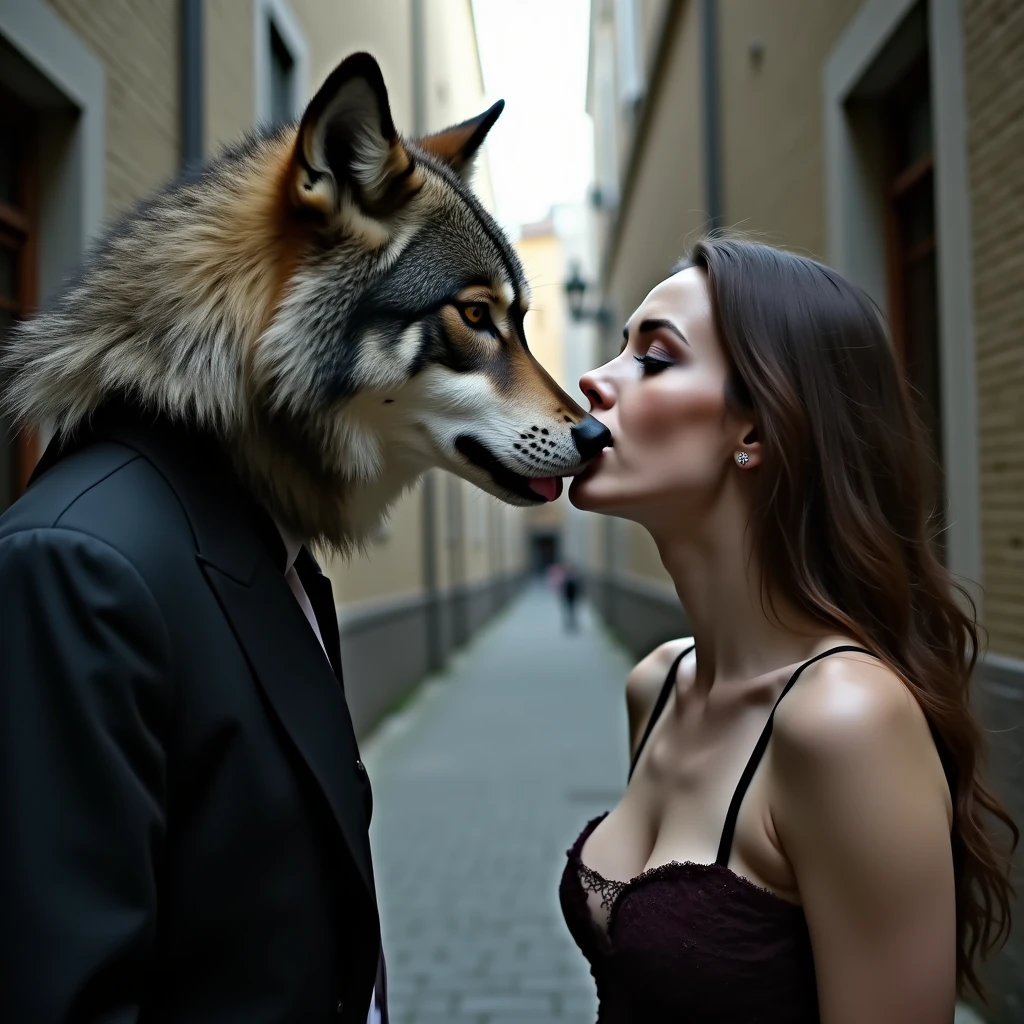 realistic photo, wolf dressed in a suit licking the face of a beautiful white-skinned woman with brown hair, large eyes in an alleyway 