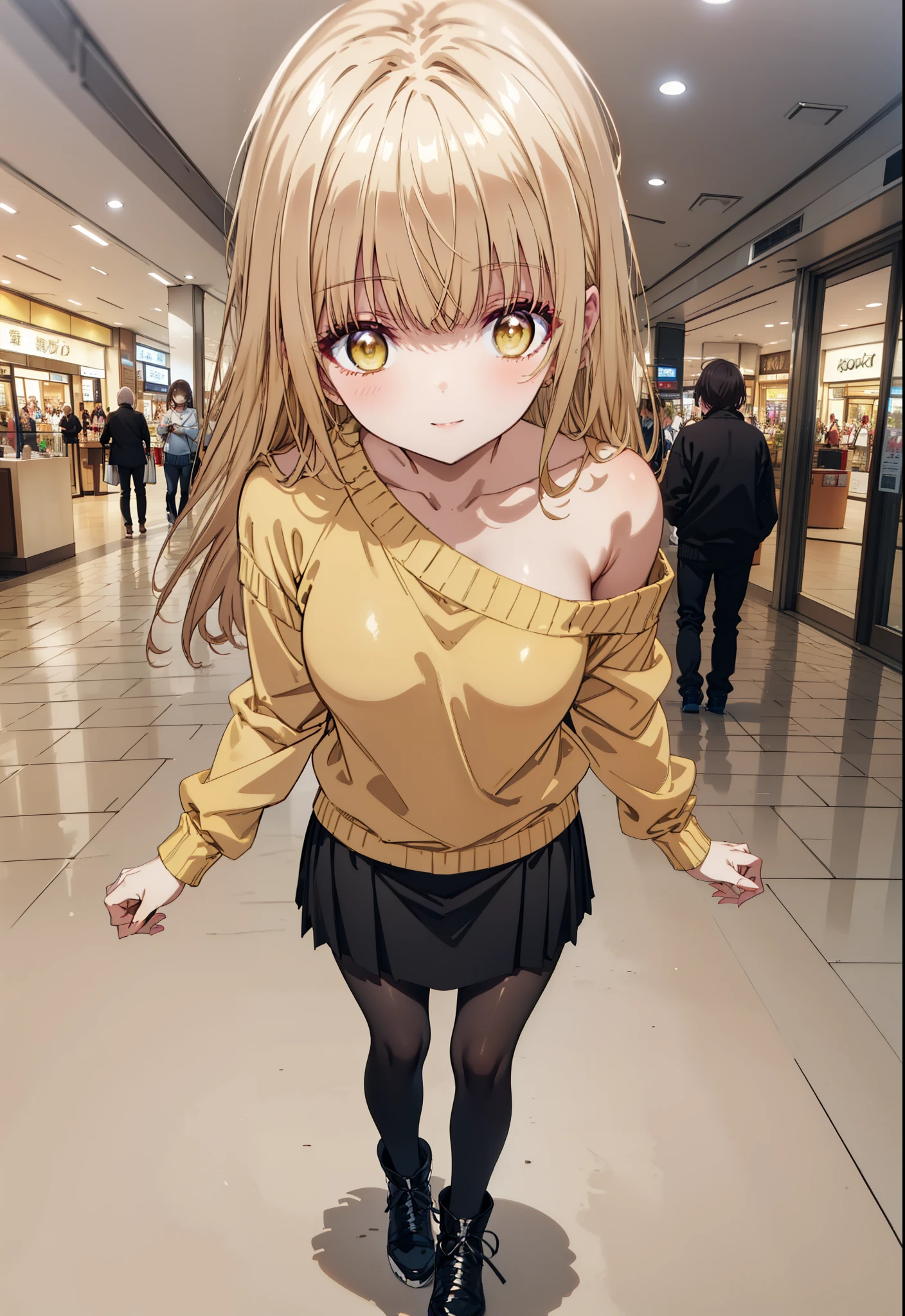 mahirushiina, mahiru shiina, Long Hair, bangs, Blonde, Brown Hair, (Yellow Eyes:1.3), smile,One-shoulder sweater,Long skirt,Black pantyhose,short boots,Walking,whole bodyがイラストに入るように,
break indoors, Shopping mall,
break looking at viewer, whole body,
break (masterpiece:1.2), Highest quality, High resolution, unity 8k wallpaper, (figure:0.8), (Beautiful attention to detail:1.6), Highly detailed face, Perfect lighting, Highly detailed CG, (Perfect hands, Perfect Anatomy),