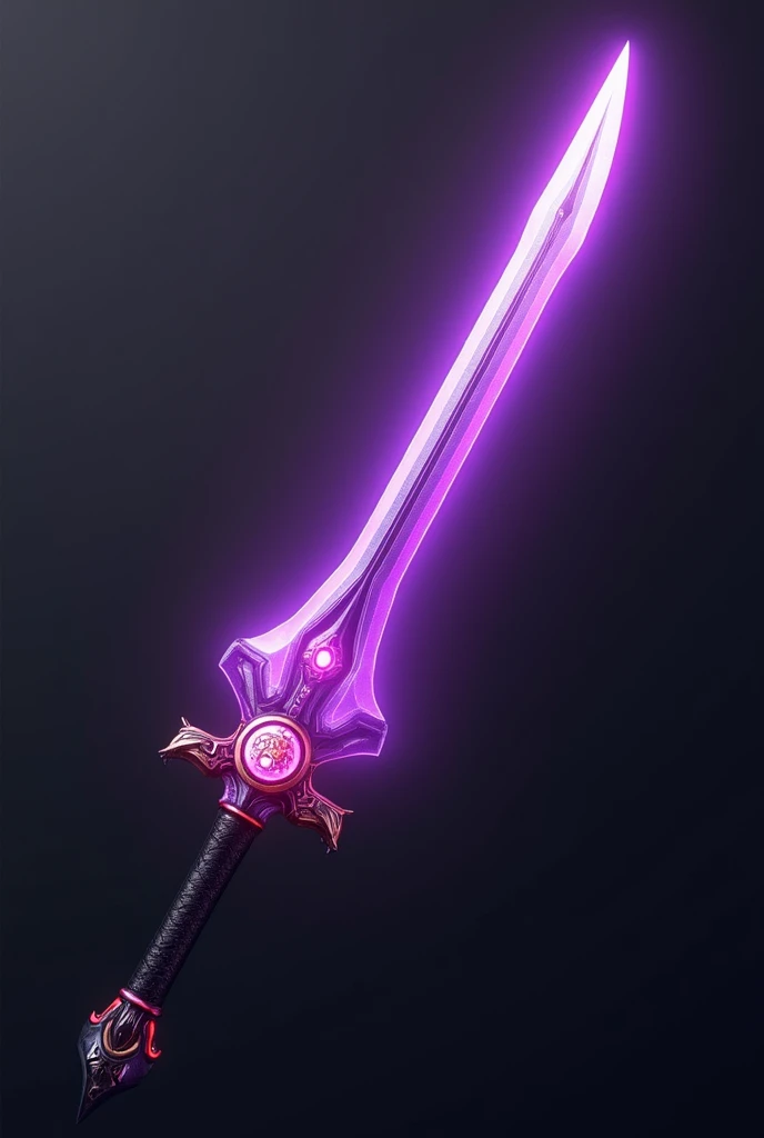  A heroic fantasy sword inspired by the "Kamen Rider" series, designed to be used by a hero. The sword has a sleek, powerful look with a blade made of a soft, translucent purple material, giving it a unique, glowing appearance. The blade is slightly curved and dynamic, emphasizing its readiness for battle. The grip is ergonomic and sleek, with black as the base color, accented with red and purple highlights, designed for comfort and control. In the middle of the sword, there's a glowing, gem-like "Golbo" device embedded, which illuminates the sword with vibrant energy when activated. The overall design is bold, sleek, and iconic, with the translucent purple blade adding a distinct and heroic feel.