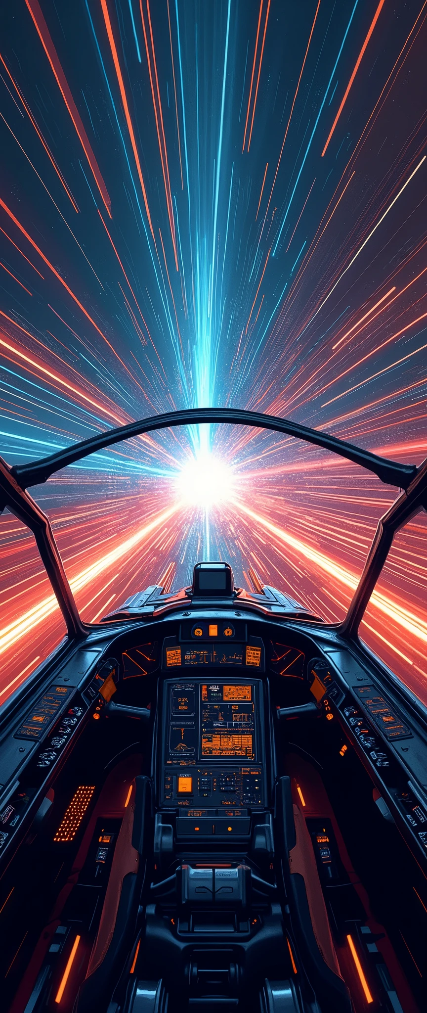 (masterpiece:1.2,Distinguished Quality,Mirror-like,Cinematic Experience),8k,wallpaper,The view from the cockpit of a spaceship traveling at warp speed,(Expressing ultra-high speed with beautiful lines of light:2.0),(wormhole),universe space,Magnificent landscape painting,(Drawing of the spaceship cockpit:2.0),dynamic
