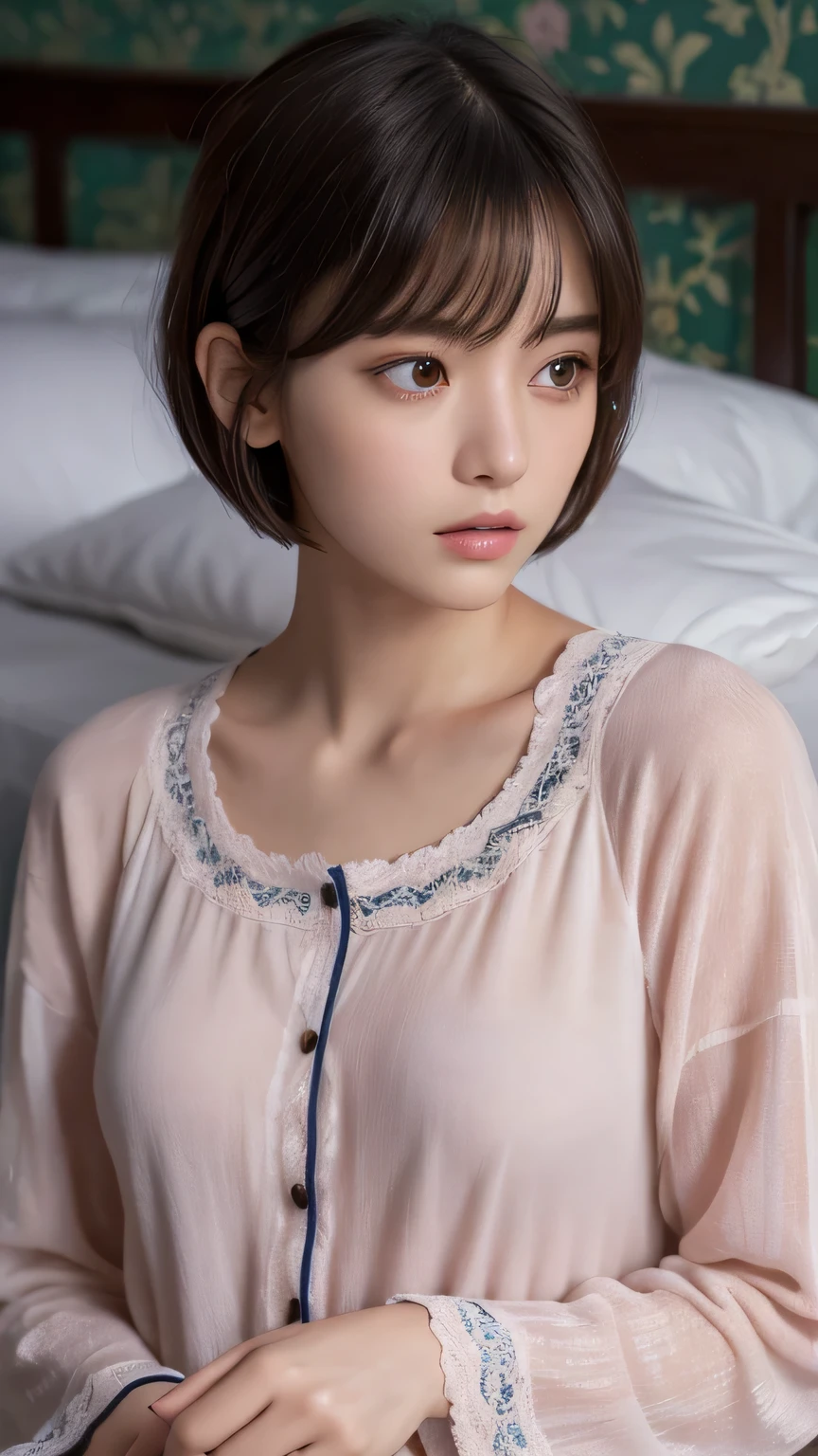 (Ultra-realistic), (figure), (High resolution), (8k), (Very detailed), (Best figure), (Beautiful and detailed), (Highest quality), (Super detailed), (masterpiece), (wallpaper), (Detailed face), alone, One Girl, watching viewer, pajamas、sleepy、Dozing off、bed、futon、Pensive、Less exposure、Fine details, Detailed face, In the Dark, Deep Shadow, Modest, Pure Erotic Face Ace_v1, cool, short hair, Pointed diagonal bangs,