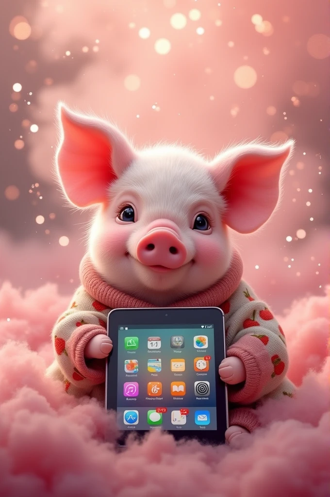 A very cute pig in a sweater with a tablet in his hands against a background of a lot of pink smoke and sequins