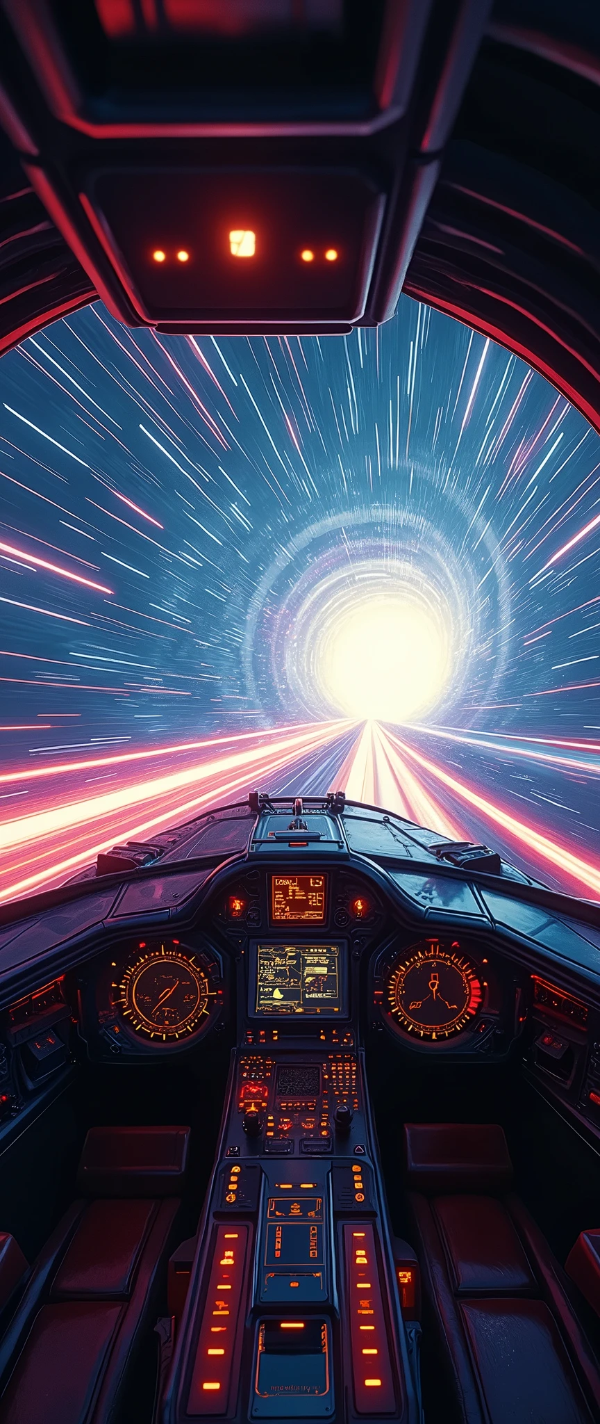 (masterpiece:1.2,Distinguished Quality,Mirror-like,Cinematic Experience),8k,wallpaper,The view from the cockpit of a spaceship traveling at warp speed,(Expressing ultra-high speed with beautiful lines of light:2.0),(wormhole),universe space,Magnificent landscape painting,(Drawing of the spaceship cockpit:2.0),dynamic