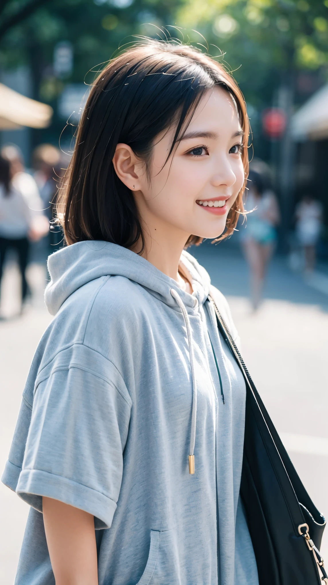 masterpiece, Highest quality, Highest quality, beautiful girl, Cute Face, 8k, Official Art, RAW Photos, When going out in the city during the hot season, please wear cool clothes., profile, thin, Teen, Face Light, Film Grain, chromatic aberration, Sharp focus, Very happy smile, Show me your little teeth, Dynamic Lighting, Cinema Lighting, Photo of your face, Upward glance