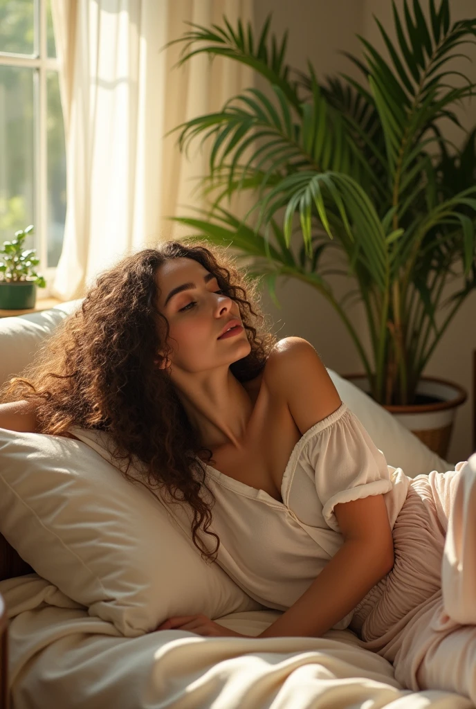 (photorealism:1.2), beautiful woman, sitting on bed, wearing loose off-shoulder top, pajama pants, long curly hair, indoors, soft lighting, plants in background, window with sunlight, cozy room, relaxed pose, realistic, intricate details, warm colors, by Greg Rutkowski, by Alphonse Mucha