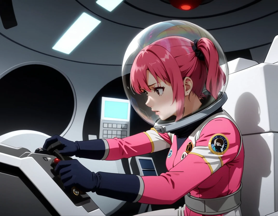 eva helm, spacesuit , astronaut), , pink hair, bubble helmet, space helmet, (1girl:1.1) wearing a (spacesuit:1.15), white cargo pants, (ugh, wtf do these buttons do:1.3), inside the cockpit of a (futuristic spaceship:1.1), sitting in the captains chair, (intricate control panels:1.3), (gleaming metal:1.1), surrounded by many buttons and dials and gauges, (confused:1.3), (worried expression:1.1), (nervous:1.1), concerned, beautiful 8k wallpaper, highly advanced, (sleek design:1.3), intricate, highres, superb, 8k wallpaper, extremely detailed, intricate, from side, from behing