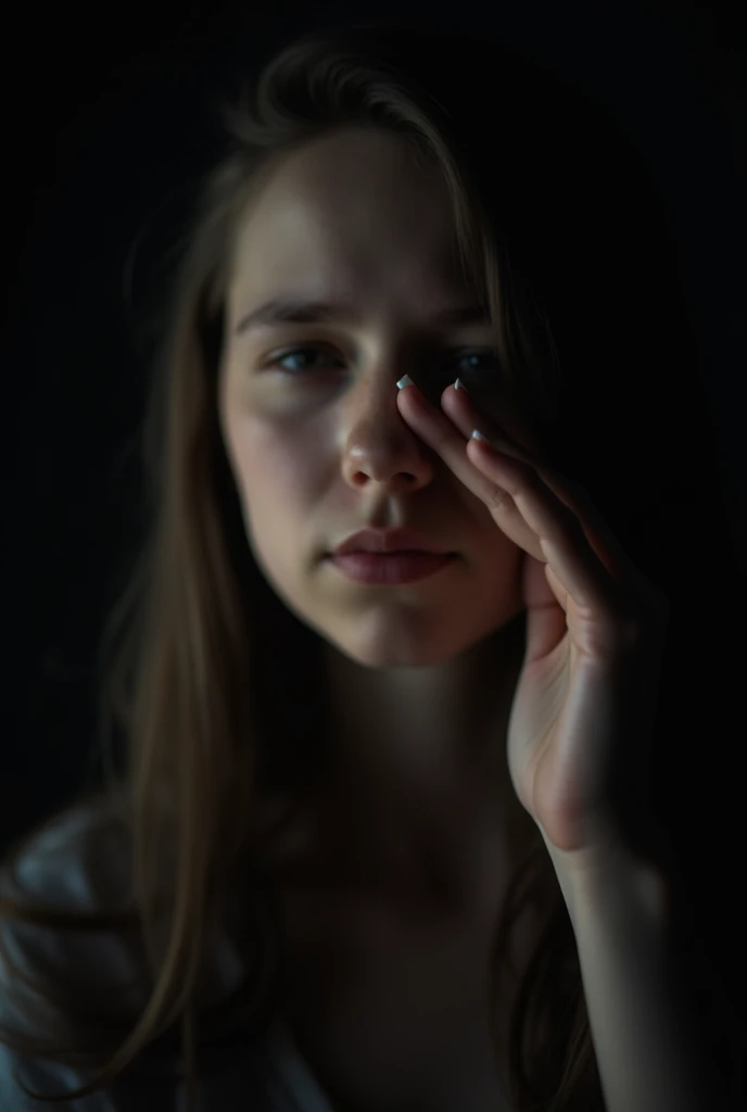 Prompt:
A blurry, out-of-focus portrait of a teenager girl with his hand covering his face, standing against a dark background. The focus is on the hand and the blurred outline of the face. There is a sense of mystery and introspection.
