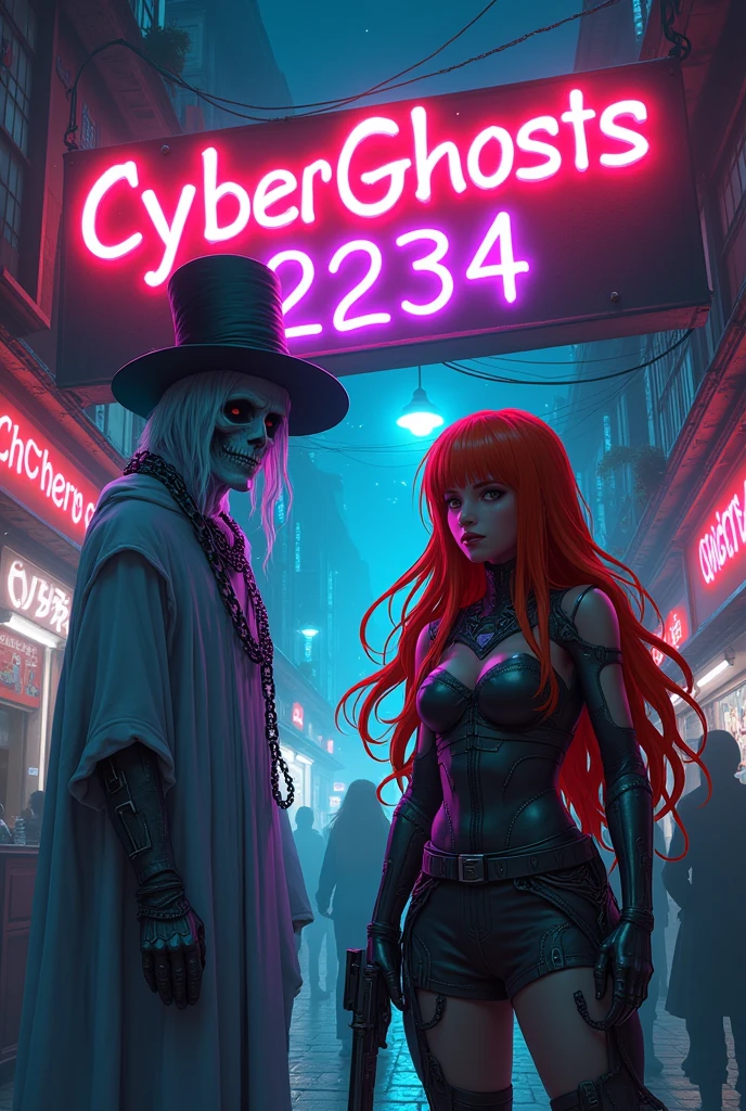 a sign that says "CyberGhosts 2234" with a ghost wearing a magician's hat and chains on his hands and body like a lost soul, standing next to a cyborg girl with a weapon in her hands, long red hair and bangs, with brown skin and brown eyes, located in a black market, in the style of CyberPunk anime