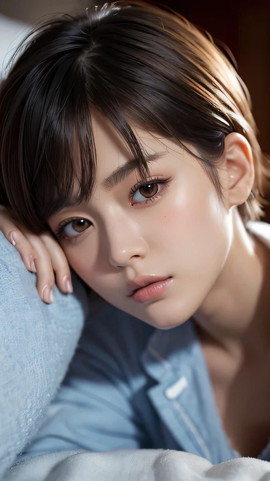 (Ultra-realistic), (figure), (High resolution), (8k), (Very detailed), (Best figure), (Beautiful and detailed), (Highest quality), (Super detailed), (masterpiece), (wallpaper), (Detailed face), alone, One Girl, watching viewer, pajamas、sleepy、Dozing off、Close ~ eyes、bed、futon、Pensive、Less exposure、Fine details, Detailed face, In the Dark, Deep Shadow, Modest, Pure Erotic Face Ace_v1, cool, short hair, Pointed diagonal bangs,