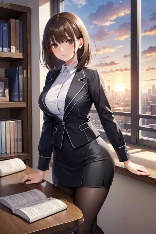 anegasaki nene、Shiny brown hair, short hair, (Beautiful brown eyes、Sparkling eyes, Fine grain)、smile、Ultra-detailed eyes、Very detailedな顔, Very detailedな目,


(masterpiece:1.2, 最high quality:1.1, High resolution,Absurd, high quality),reflected light, colorful,Very detailedな, Ultra HD, Very detailed,
 ((officelady, Black suit, Black tight skirt, White blouse, black tights, office, work, Beautiful woman, Staring at the audience, Look at this, High resolution, 最high quality, whole body, animation, Awareness-raising, office, Penthouse, Executive Room, Large windows, Landscape of a big city, sunset, cloud)), documents, Book, table, shelf, Pencil holder, computer