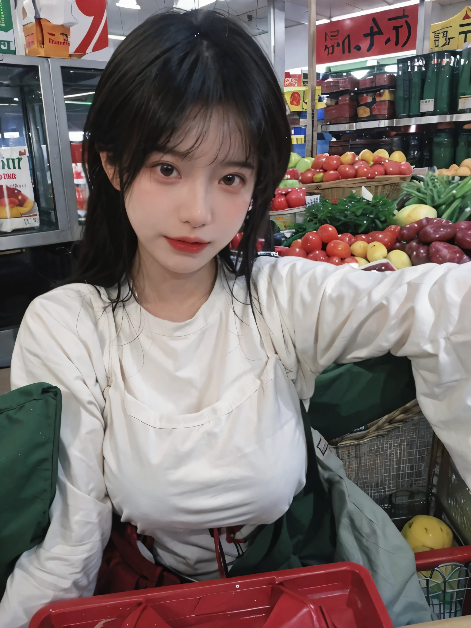 best quality，masterpiece，Ultra-high resolution，（lifelike:1.4)，1 girl，Sexy，（supermarket:1.2），（Big breasts：1.2)，（Upper body：1.4）