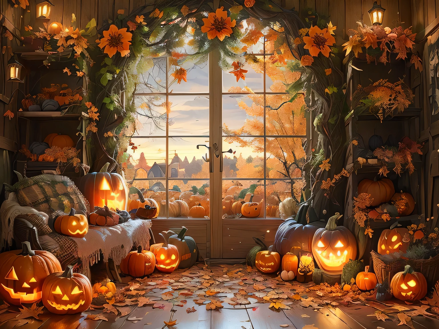 Close-up of a window with pumpkins and other decorations, halloween scene, halloween atmosphere, 🍂 Lovely, Halloween theme, autumn, Glowing pumpkins under trees, Spooky atmosphere, Autumn Lights, Pumpkin Farm Background, Scary magic background, spooky Halloween theme, halloween decorations, Foreground Background, halloween celebration, season!! : 🌸 ☀ 🍂 ❄, autumn sunlights