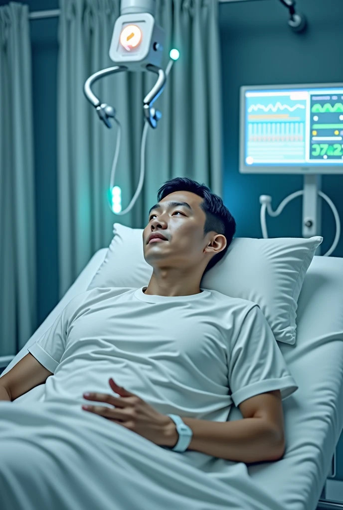 In a hospital setting，An Asian patient lay flat on the bed.，Wearable sensors on the arm。at the same time，Above his chest，Equipped with millimeter wave radar detection system，Send electromagnetic waves to his chest。Beside him，A screen showing his vital signs。