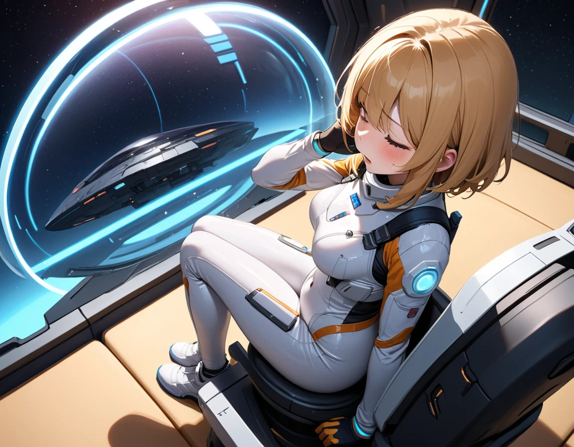 (spacesuit:1.15), white cargo pants,  space helmet , , indoors, masterpiece, best quality, 1girl, solo, short hair, , , trembling, HARD TO BREATH,, , bodysuit, from side, lumine , bubble helmet, short hair,  nside the (cockpit) of a (futuristic spaceship:1.6), , blush,sitting on a chair, covered navel, short hair, bubble helmet,, from above