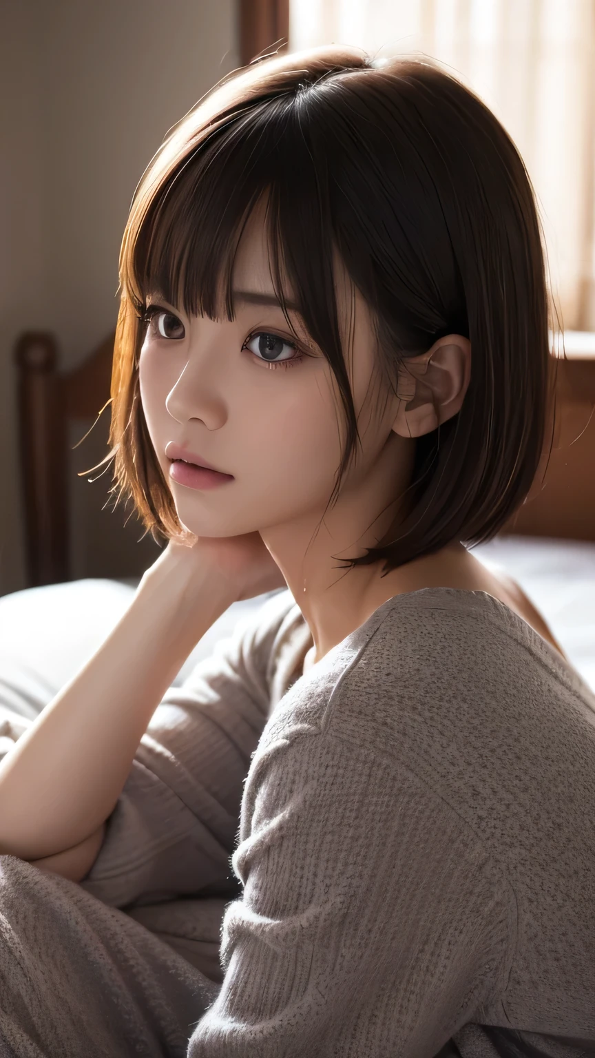 (Highest quality:1.4), (Very detailed), (Very detailed美しい顔), (night:1.8), (Beautiful face and eyes:1.5), , Evenly balanced eyes, (Short sleeve pink camisole:1.3), Beautiful face and eyes, iris, The Beauty of Japan, (Skinny body type:1.3), (Flat Chest:1.3), (Sexy pose:1.3), Smooth, Very detailed CG synthesis 8k wallpaper, High-resolution RAW color photos, Professional photography, Light, BackLight, dream-like, impressive, Written boundary depth, (Bedroom:1.4), (Face close-up:1.3), (Shooting from above:1.3)
