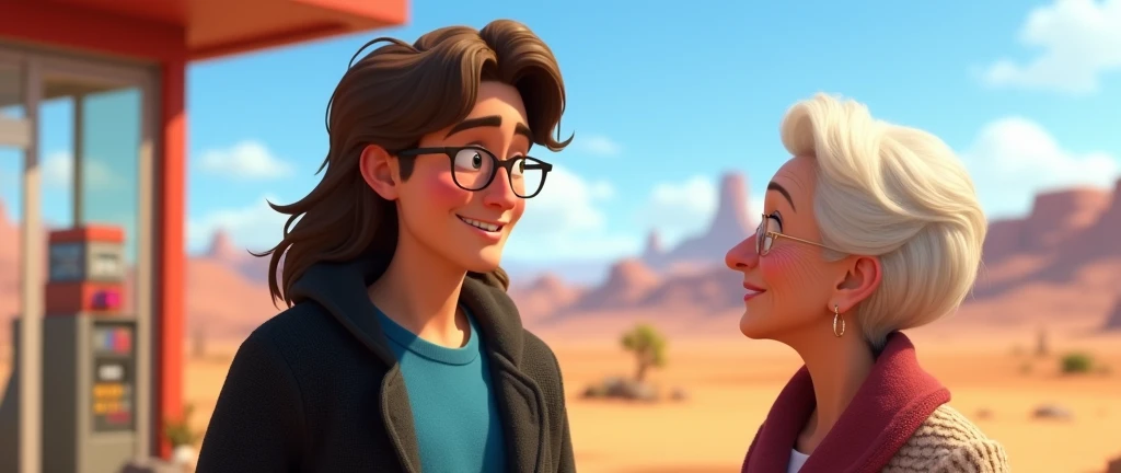 a male animated movie character in the Disney Pixar style, high qualiy, best qualityer , black fleece sweater blue shirt , Wear nerd glasses,  , long  hair , Happy young man  ,  he is talking to an old lady , at a gas station in the desert, funny comedy scene  ,  nice lady,