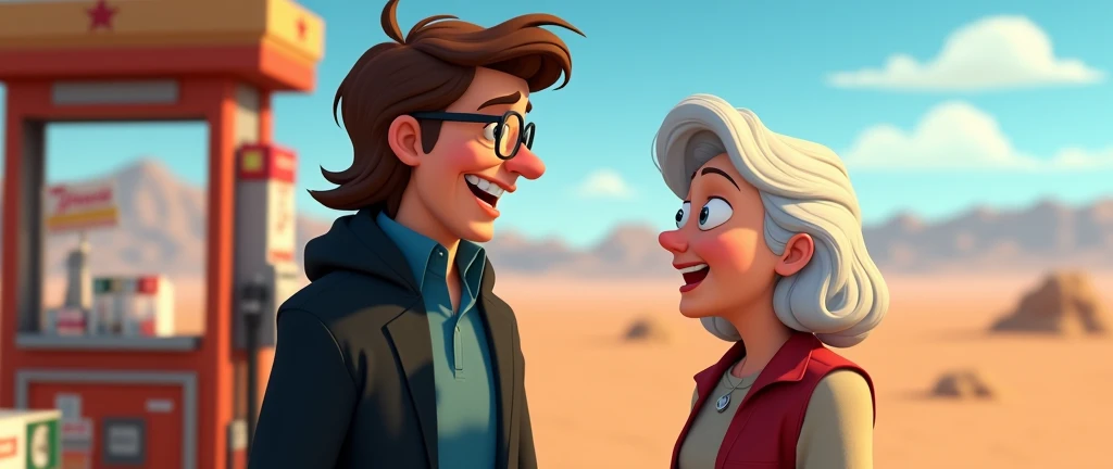 a male animated movie character in the Disney Pixar style, high qualiy, best qualityer , black fleece sweater blue shirt , Wear nerd glasses, , long hair , Happy young man , he is talking to an old lady , at a gas station in the desert, funny comedy scene , nice lady,